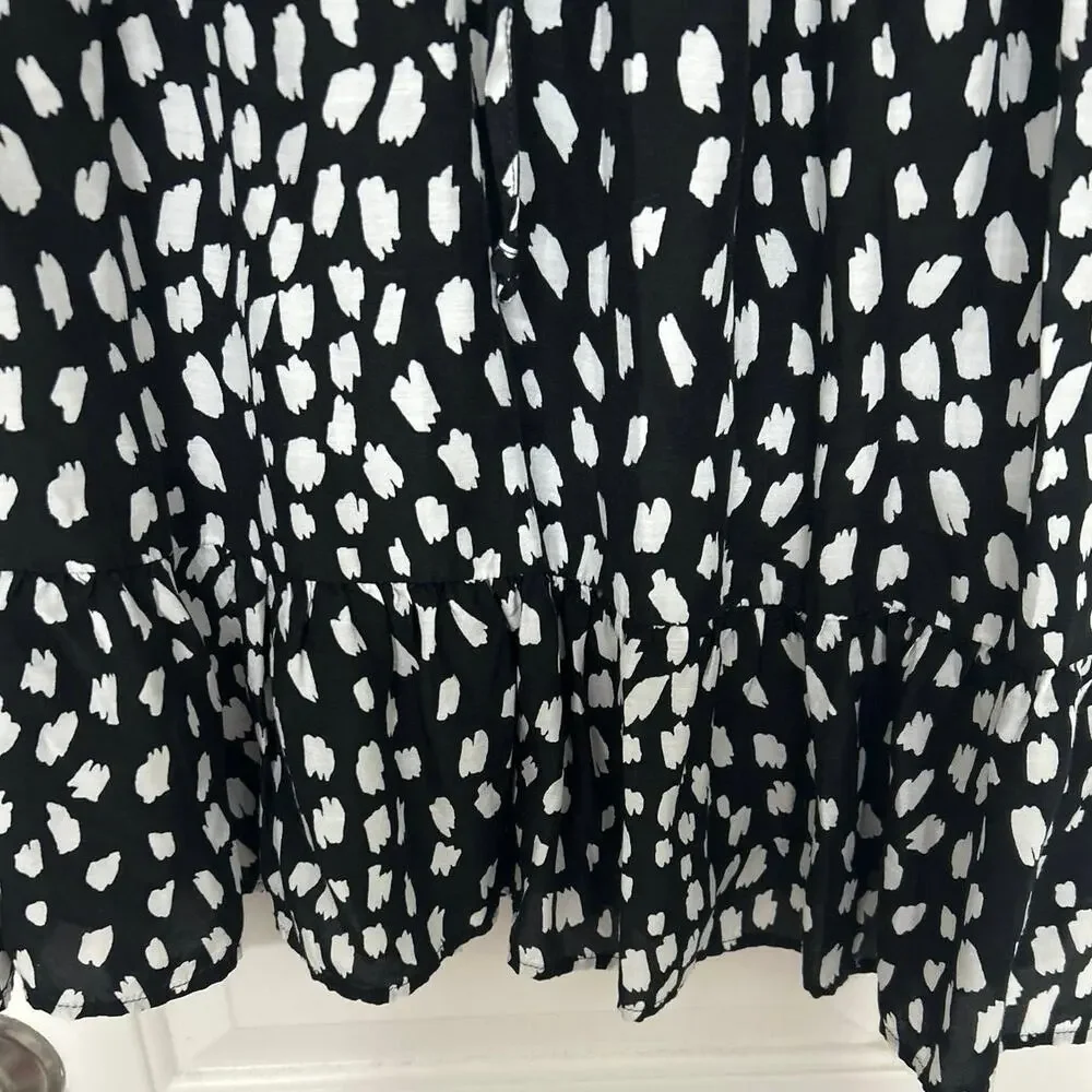 Vineyard Vines Black White Silk Blend Dress Large V Neck Long Sleeve Ruffle Hem - Picture 7 of 16